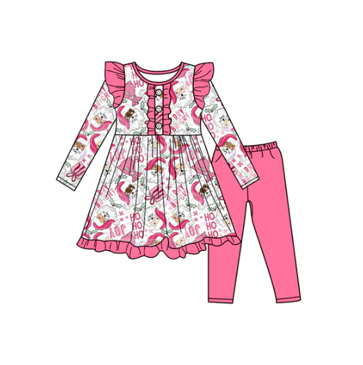 7.17  Preorder (moq 5)Baby Girls Long Sleeves Pink Santa Plaid Button Tunic Leggings Pants Set