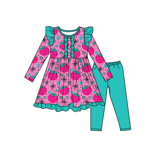7.17  Preorder (moq 5)Baby Girls Long Sleeves Ghost Pumpkins Plaid Button Tunic Leggings Pants Set