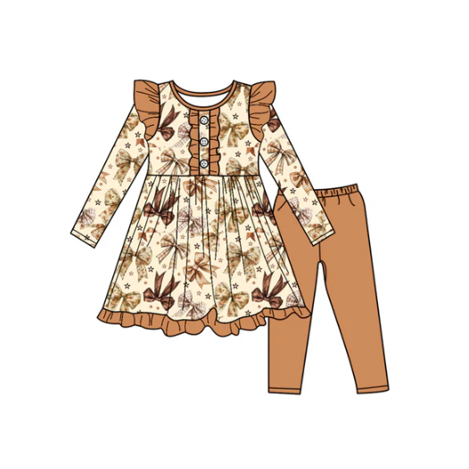 7.17 Preorder (moq 5)Baby Girls Long Sleeves Khaki Bows Plaid Button Tunic Leggings Pants Set