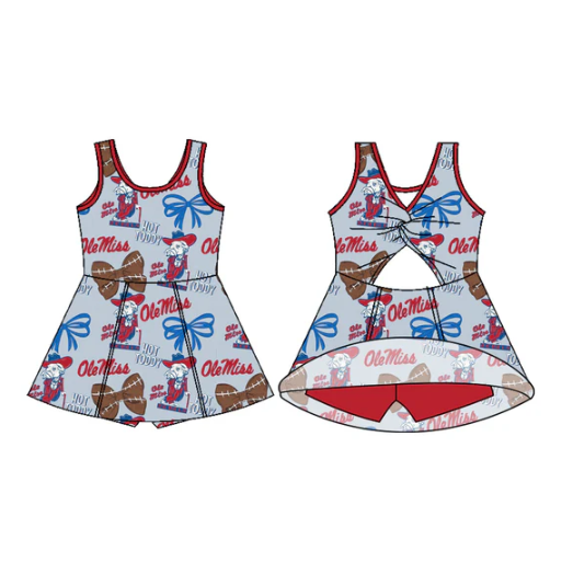 7.18 Preorder (moq 5)Baby Girls Sleeveless Football Bows Hot Toddy Shorts Team Knee Length Dress