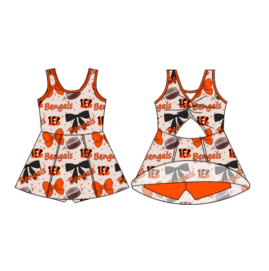 7.18 Preorder (moq 5)Baby Girls Sleeveless Footballs Bows Bengals Shorts Team Knee Length Dress