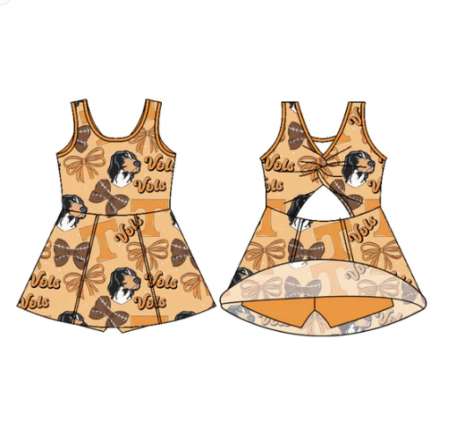 7.18 Preorder (moq 5)Baby Girls Sleeveless Football Bows Dogs T Shorts Team Knee Length Dress