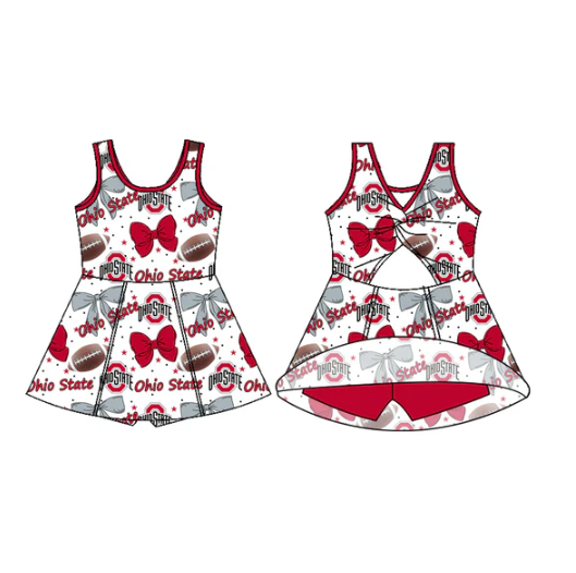 7.18 Preorder (moq 5)Baby Girls Sleeveless Bows Footballs Ohiostate Shorts Team Knee Length Dress