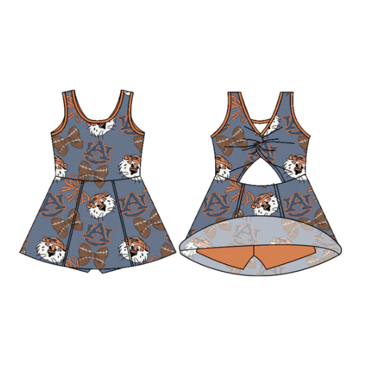 7.18 Preorder (moq 5)Baby Girls Sleeveless Football Bows Plaid AU Shorts Team Knee Length Dress