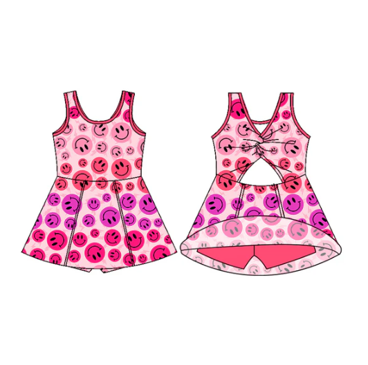 7.18 Preorder (moq 5)Baby Girls Pink Sleeveless Smiles Lights Shorts Team Knee Length Dresses