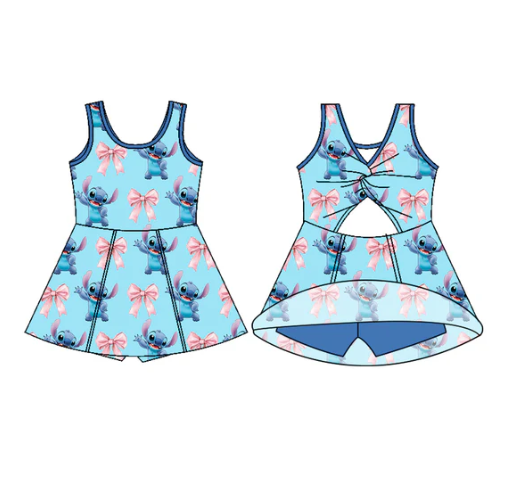 7.18 Preorder (moq 5)Baby Girls Blue Sleeveless Cartoon Bunny Bows Shorts Team Knee Length Dress