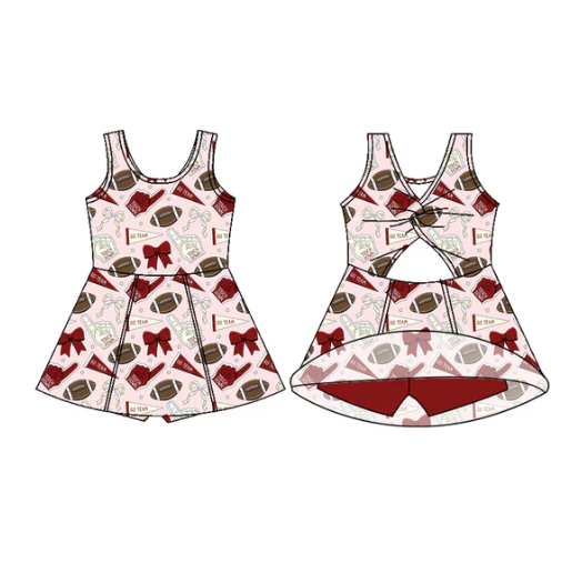 7.18 Preorder (moq 5)Baby Girls Sleeveless Red White Bows Footballs Shorts Team Knee Length Dress