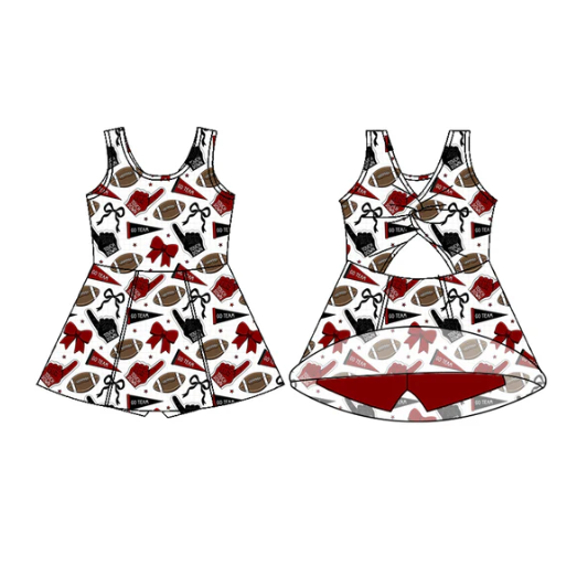 7.18 Preorder (moq 5)Baby Girls Sleeveless Red Black Bows Footballs Shorts Team Knee Length Dress