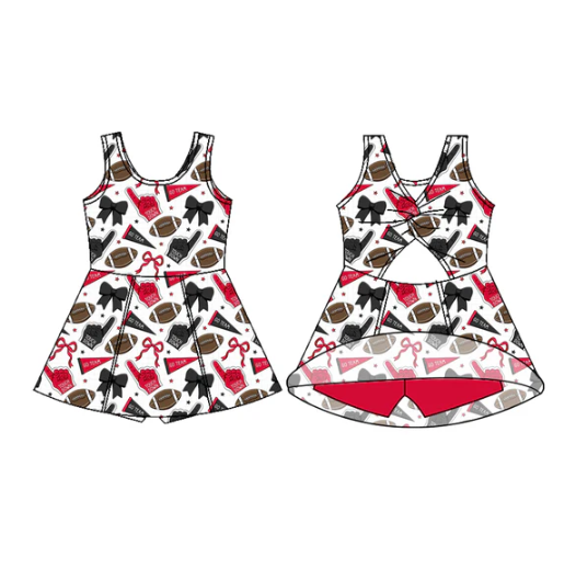 7.18 Preorder (moq 5)Baby Girls Sleeveless Red Navy Bows Footballs Shorts Team Knee Length Dress