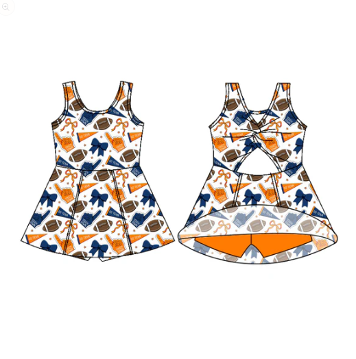 7.18 Preorder (moq 5)Baby Girls Sleeveless Orange Blue Bows Footballs Shorts Team Knee Length Dress