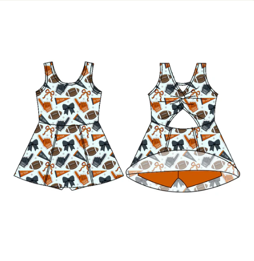 7.18 Preorder (moq 5)Baby Girls Sleeveless Orange Navy Bows Footballs Shorts Team Knee Length Dress