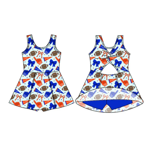 7.18 Preorder (moq 5)Baby Girls Sleeveless Orange Blue Bows Footballs Shorts Team Knee Length Dress