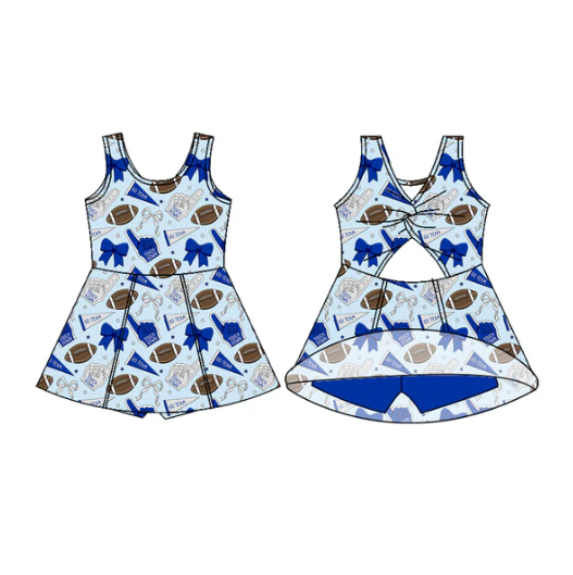 7.18 Preorder (moq 5)Baby Girls Sleeveless Hot Blue Bows Footballs Shorts Team Knee Length Dresses