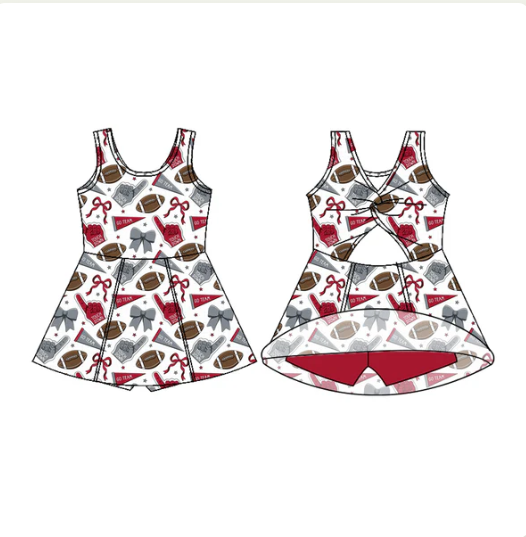 7.18 Preorder (moq 5)Baby Girls Sleeveless Red Bows Footballs Shorts Team Knee Length Dresses