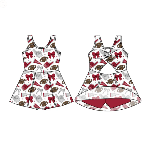 7.18 Preorder (moq 5)Baby Girls Sleeveless Red Bows Footballs Shorts Team Knee Length Dresses
