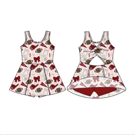 7.18 Preorder (moq 5)Baby Girls Sleeveless Dark Red Bows Footballs Shorts Team Knee Length Dresses