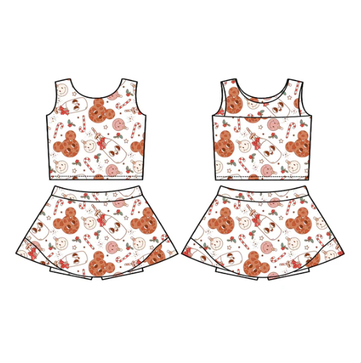 7.18 Preorder (moq 5)Baby Girls Sleeveless Candy Cane Mouse Cookie Vest Top Skorts Set