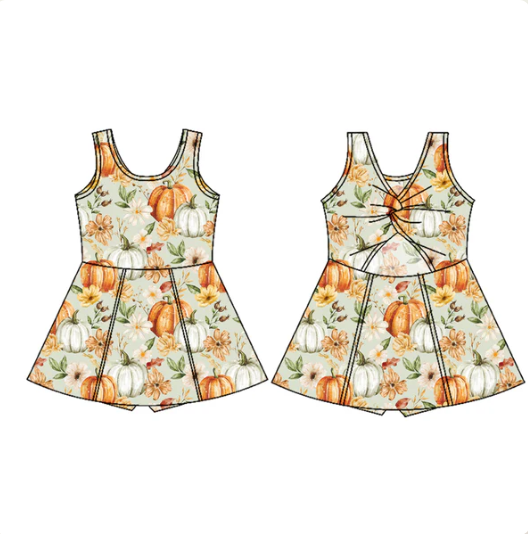 7.18 Preorder (moq 5)Baby Girls Sleeveless Flowers Pumpkins Shorts Knee Length Dresses
