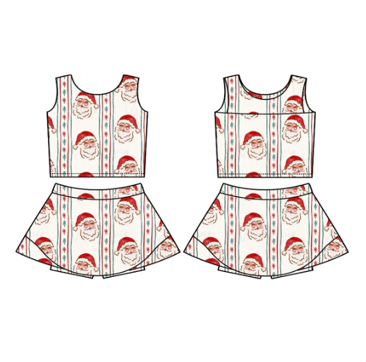 7.18 Preorder (moq 5)Baby Girls Sleeveless Santa Snowflake Stripes Vest Top Skorts Set
