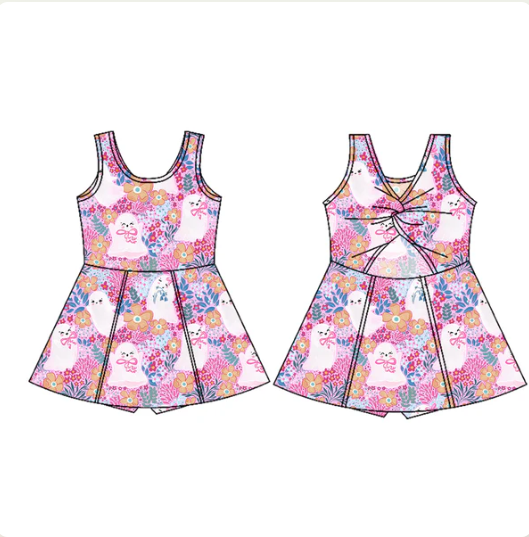 7.18 Preorder (moq 5)Baby Girls Sleeveless Pink Floral Ghosts Shorts Knee Length Dresses