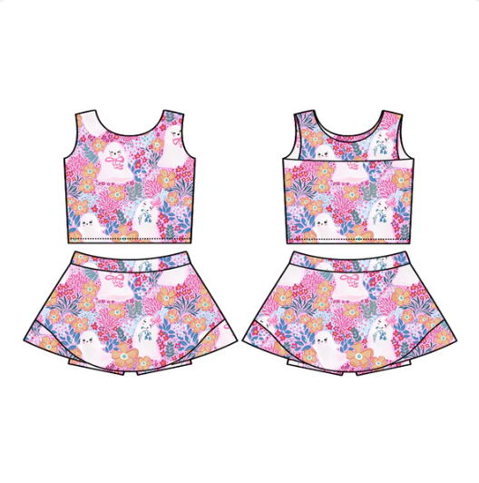 7.18 Preorder (moq 5)Baby Girls Sleeveless Pink Floral Ghosts Vest Top Skorts Set