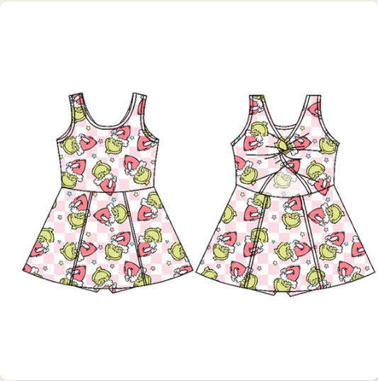 7.18 Preorder (moq 5)Baby Girls Sleeveless Green Faces Plaid Shorts Knee Length Dresses