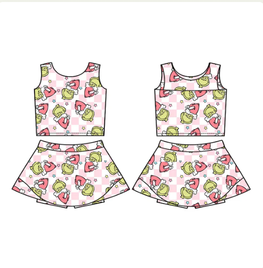 7.18 Preorder (moq 5)Baby Girls Sleeveless Green Faces Plaid Vest Top Skorts Set