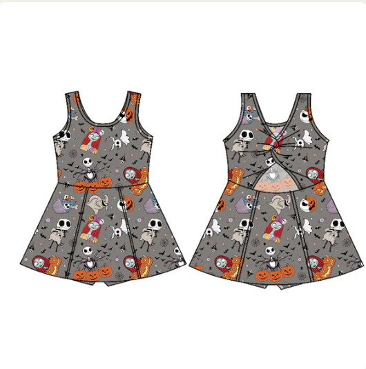 7.18 Preorder (moq 5)Baby Girls Sleeveless Cartoon Skull Ghost Shorts Knee Length Dresses