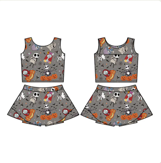 7.18 Preorder (moq 5)Baby Girls Sleeveless Cartoon Skull Ghost Vest Top Skorts Set