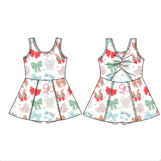 7.18 Preorder (moq 5)Baby Girls Sleeveless Candy Cane Bows Shorts Knee Length Dresses