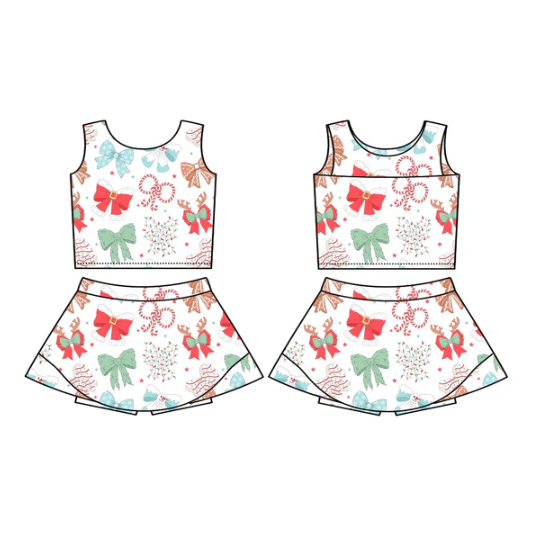 7.18 Preorder (moq 5)Baby Girls Sleeveless Candy Cane Bows Vest Top Skorts Set