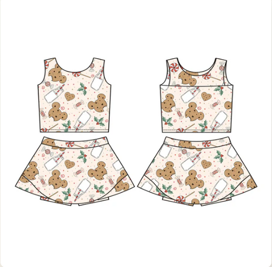 7.18 Preorder (moq 5)Baby Girls Sleeveless Mouse Cookie Milk Holly Vests Top Skorts Set