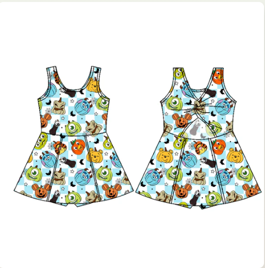 7.18 Preorder (moq 5)Baby Girls Sleeveless Cartoon Pumpkins Plaid Shorts Knee Length Dresses