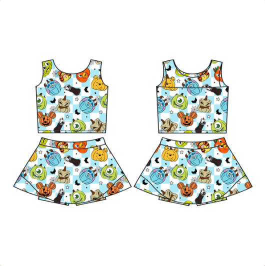 7.18 Preorder (moq 5)Baby Girls Sleeveless Cartoon Pumpkins Plaid Vest Top Skorts Set