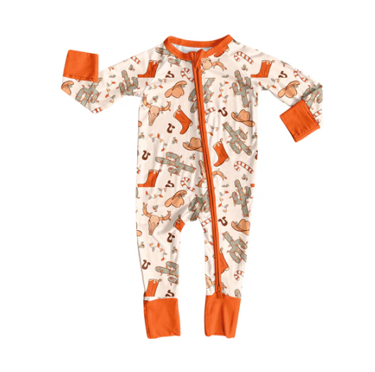 7.19 Preorder moq 5 Baby Girls Long Sleeves Bull Skull Cactus Plaid Zipper Pant Rompers