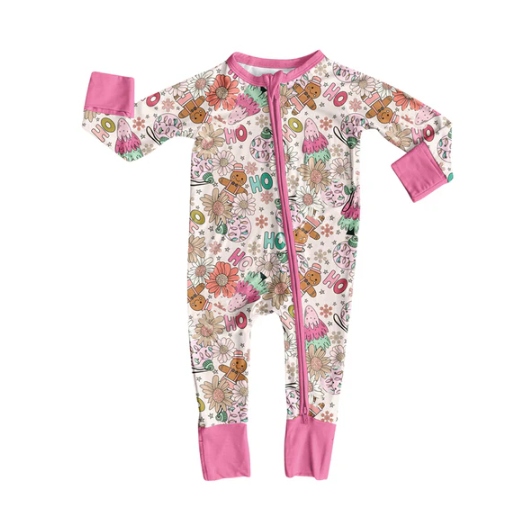 7.19 Preorder moq 5 Baby Girls Long Sleeves Pink Flowers Gingerbread Zipper Rompers