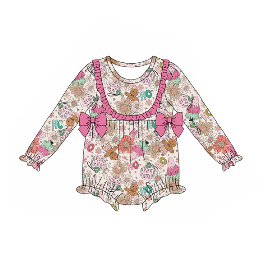 7.19 Preorder moq 5 Baby Girls Pink Long Ruffle Sleeves Flowers Gingerbread Bows Rompers