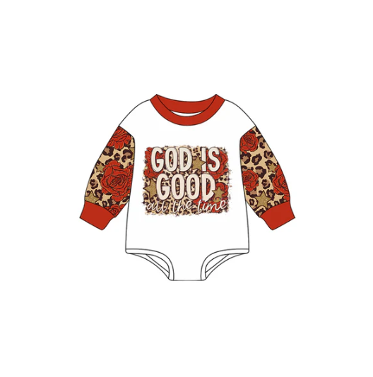 7.19 Preorder moq 5 Baby Boys Long Sleeves Leopard Roses God Is Good Rompers