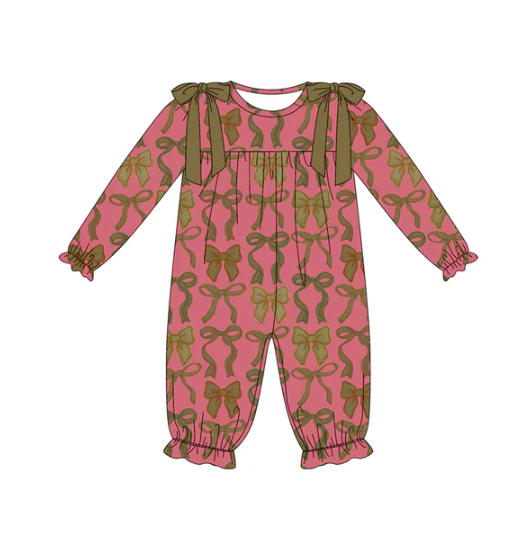 7.19 Preorder moq 5 Baby Girls Long Ruffle Sleeves Bows Plaid Pant Rompers