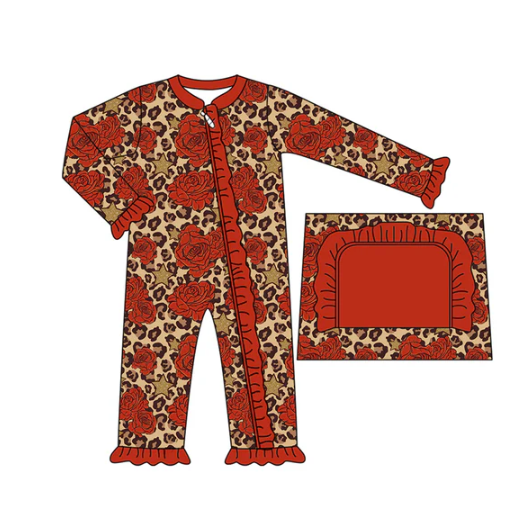 7.19 Preorder moq 5 Baby Girls Long Sleeves Leopard Rose Ruffle Zipper Pant Rompers