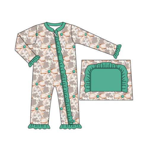 7.19 Preorder moq 5 Baby Girls Long Sleeves Cow Print Bows Plaid Ruffle Zipper Pant Rompers
