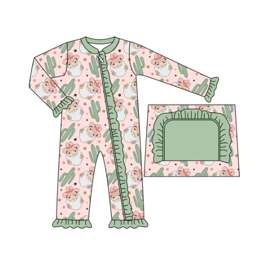 7.19 Preorder moq 5 Baby Girls Long Sleeves Santa Cactus Plaid Ruffle Zipper Pant Rompers