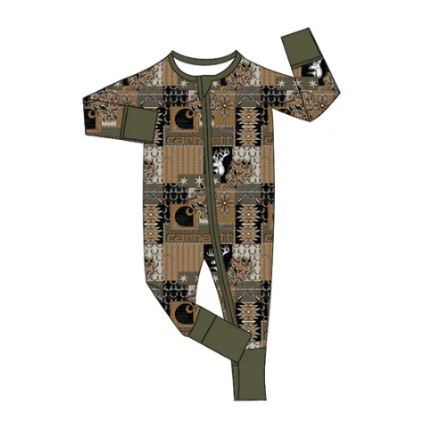 7.19 Preorder moq 5 Baby Boys Long Sleeves Deer Aztec Plaid Zipper Pant Rompers