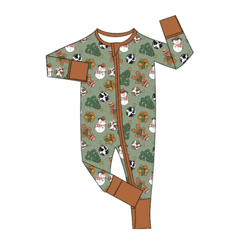 7.19 Preorder moq 5 Baby Boys Long Sleeves Lights Snowman Trees Zipper Pant Rompers