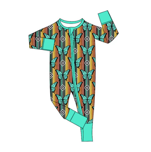 7.19  Preorder moq 5 Baby Boys Long Sleeves Green Stripe Butterfly Aztec Zipper Pant Rompers