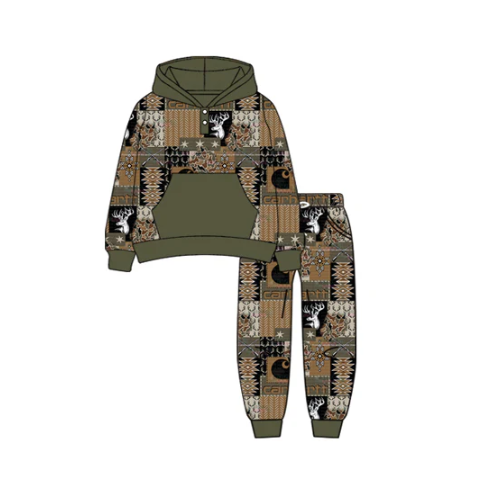 7.19 Preorder (moq 5)Baby Boys Long Sleeves Deer Aztec Plaid Button Pocket Hoodies Pant Set