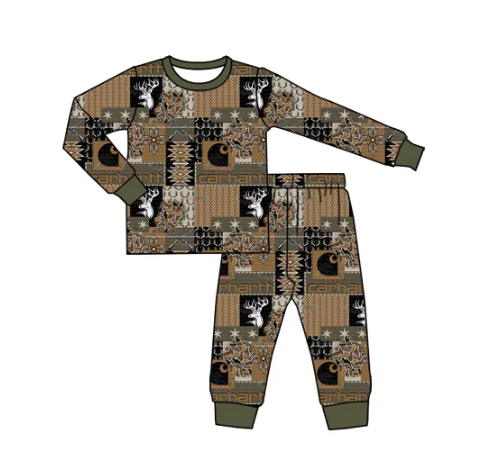 7.19 Preorder (moq 5)Baby Boys Long Sleeves Deer Aztec Plaid Top Pant Pajamas Set