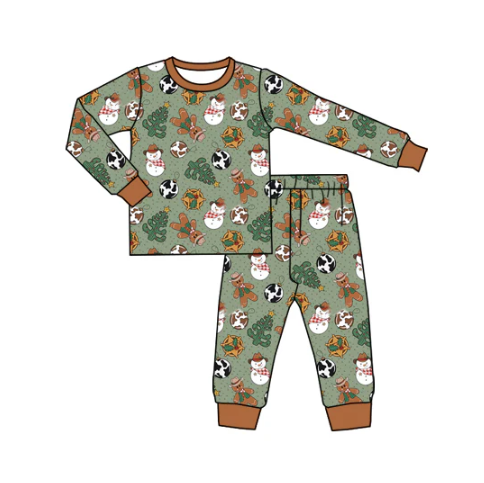 7.19 Preorder (moq 5)Baby Boys Long Sleeves Lights Snowman Trees Top Pant Pajamas Set