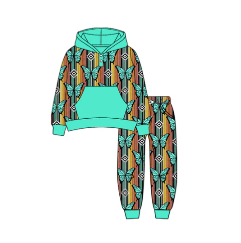 7.19 Preorder (moq 5)Baby Boys Long Sleeves Green Stripes Aztec Butterfly Button Pockets Hoodies Pant Set