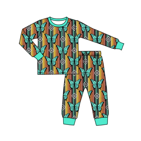 7.19 Preorder (moq 5)Baby Boys Long Sleeves Green Stripes Aztec Butterfly Top Pants Pajamas Set